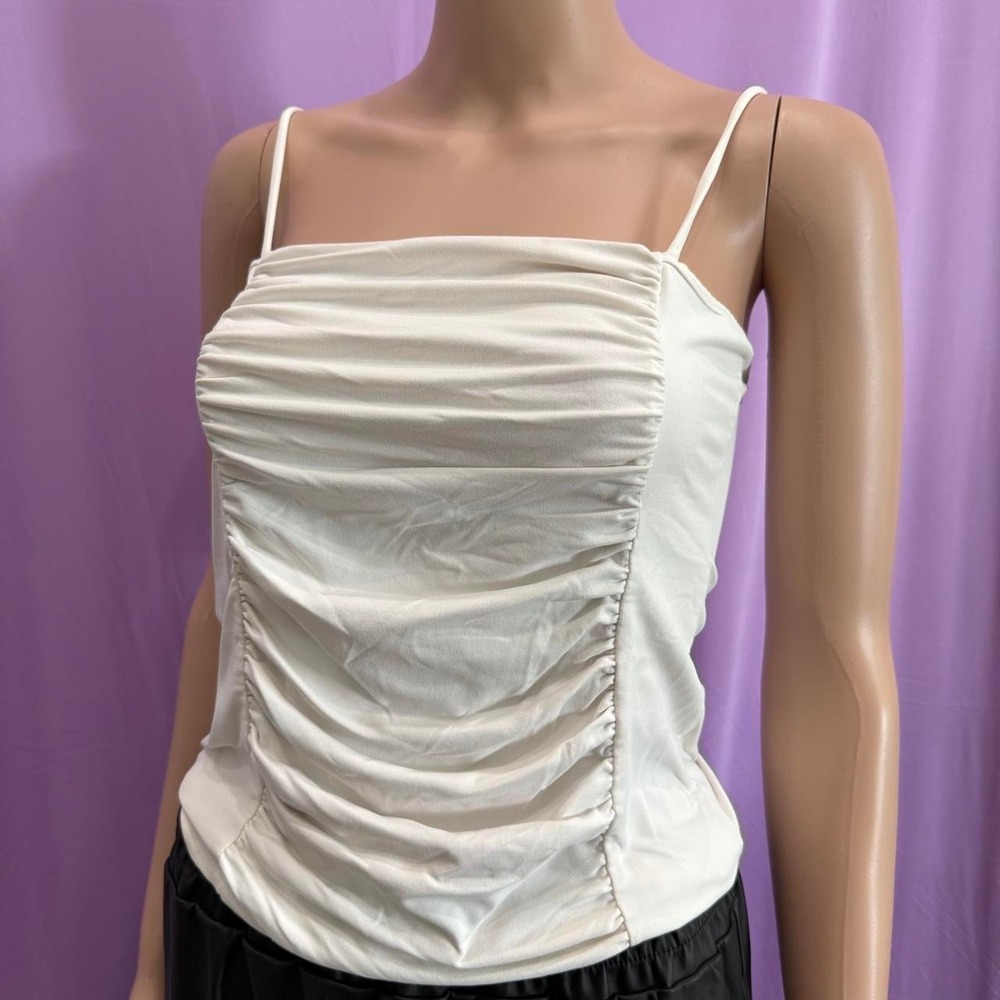 Off White Ruched Tank Top Adjustable Straps Cream Summer Festival Camisole